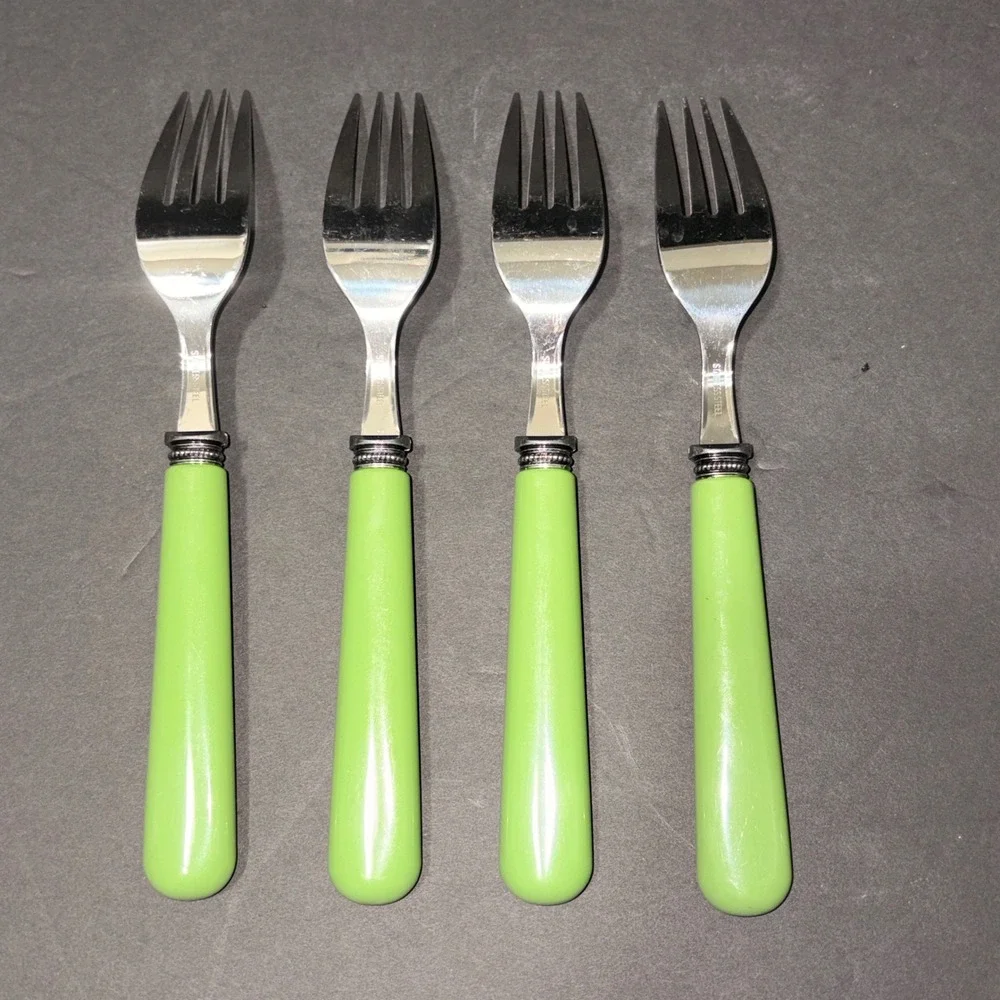 Set/4 Light Green Resin Handle Stainless Steel Dinner Forks Beaded Bolster 7.75